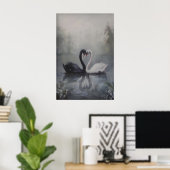 Black and White Swans in Misty Lake Dark Poster (Thuiskantoor)