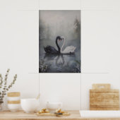 Black and White Swans in Misty Lake Dark Poster (Keuken)