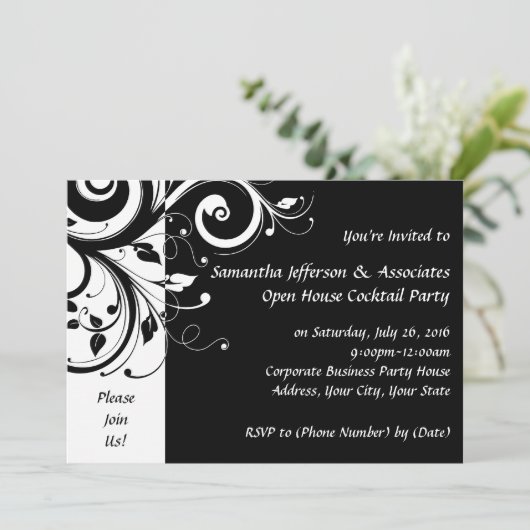 Black and White Swirl Corporate Party uitnodiging (Staand voorkant)