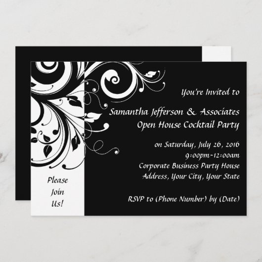 Black and White Swirl Corporate Party uitnodiging (Voorkant / Achterkant)