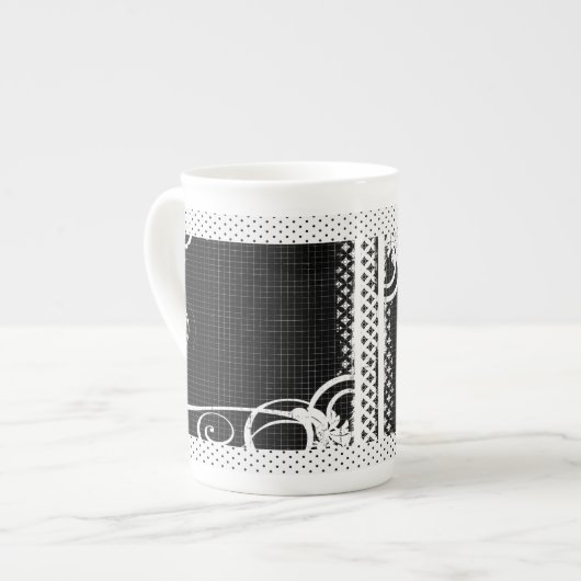 Black and White Swirl Flourish Grid Bone China Mok (Links)