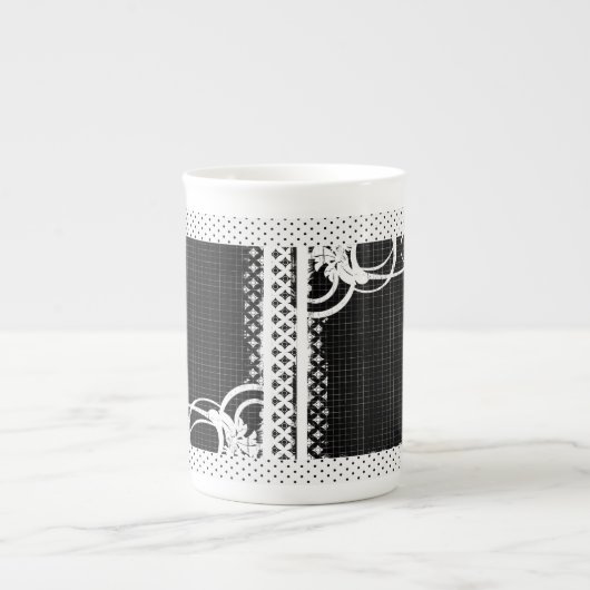 Black and White Swirl Flourish Grid Bone China Mok (Voorkant)