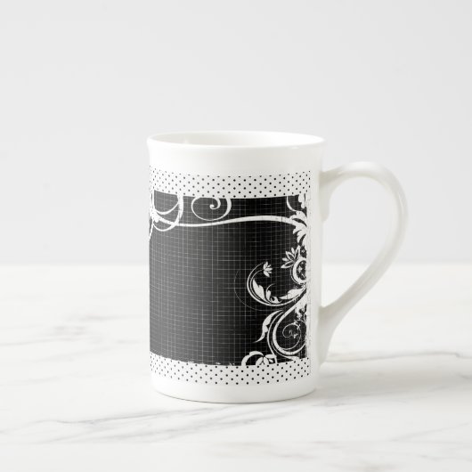 Black and White Swirl Flourish Grid Bone China Mok (Rechts)