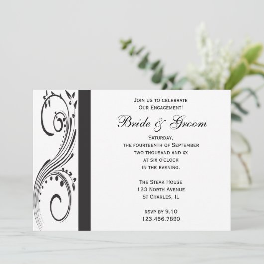 Black and White Swirls Engagement Party Kaart (Staand voorkant)
