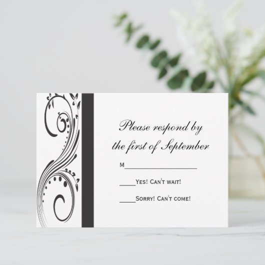Black and White Swirls Wedding RSVP Response Kaart (Staand voorkant)