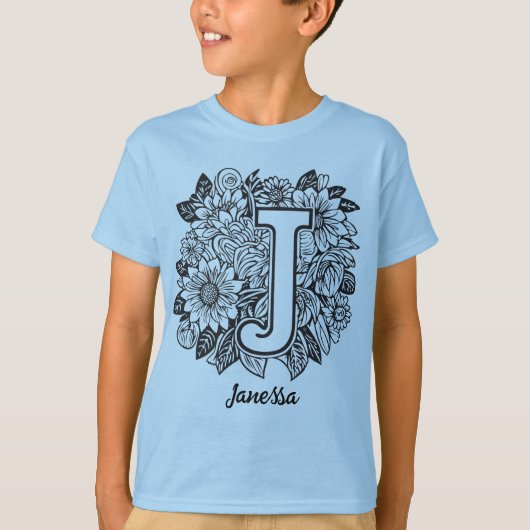 Black and White Tattoo Flowers Monogram Letter J T-shirt (Voorkant)