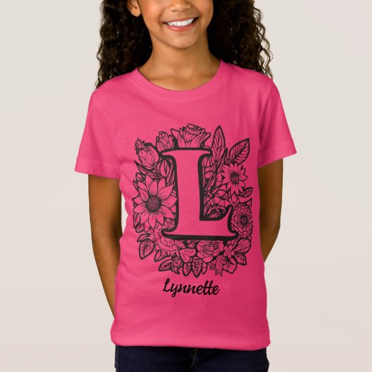 Black and White Tattoo Flowers Monogram Letter L T-shirt (Voorkant)