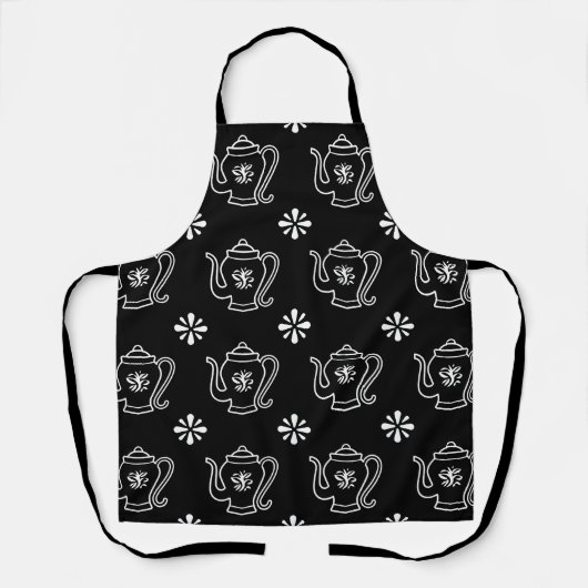 Black and White Teapot Print Apron Schort (Voorkant)