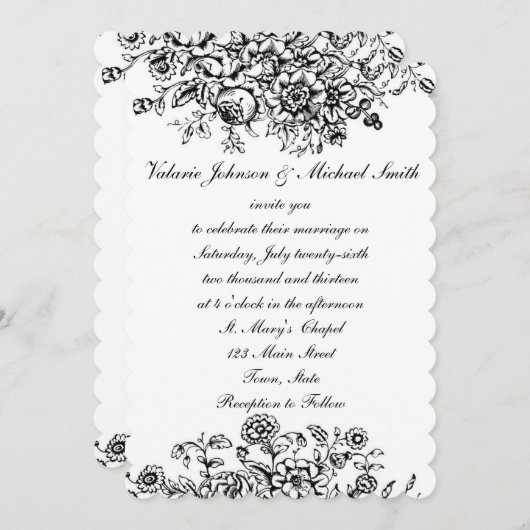 Black and White Toile, Custom Wedding Invitation Kaart (Voorkant / Achterkant)