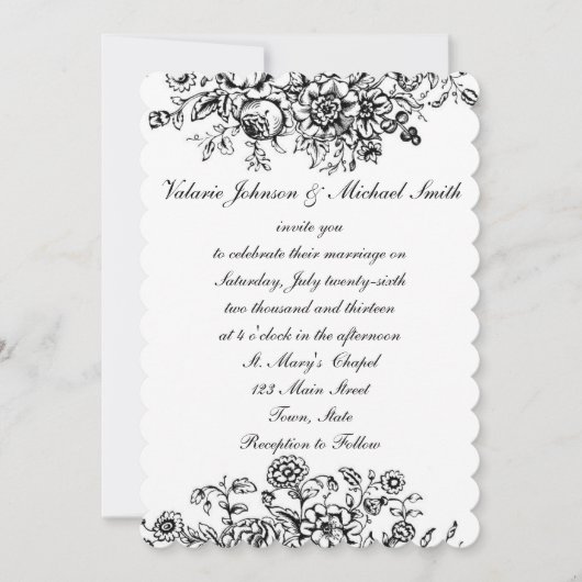 Black and White Toile, Custom Wedding Invitation Kaart (Voorkant)
