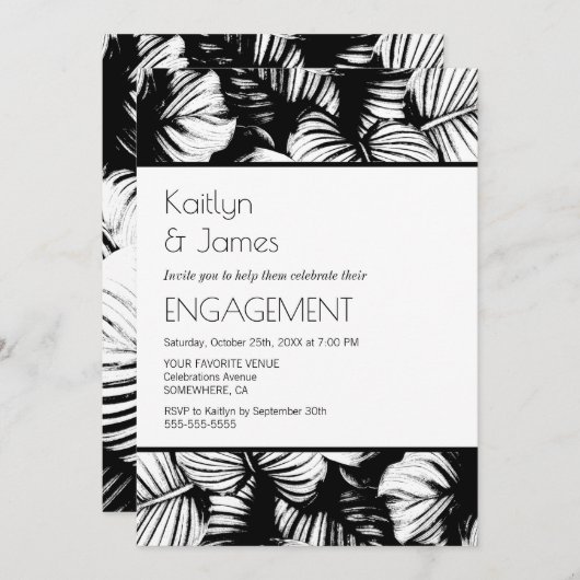 Black and White Tropical Palm Engagement Party Kaart (Voorkant / Achterkant)