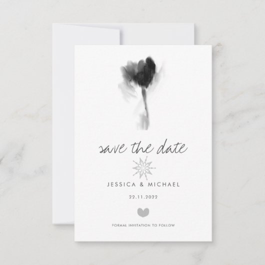 Black and White Tulip Flower Heart Wedding Save The Date (Voorkant)