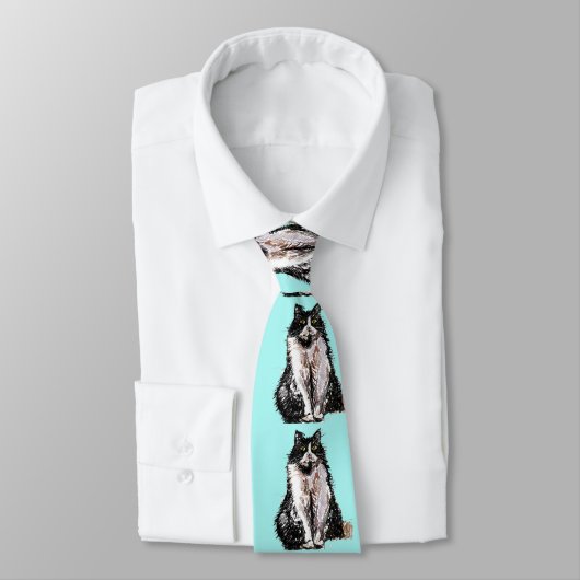 Black and White Tuxedo Cat Cats Cute Turquoise Stropdas (Gebonden)