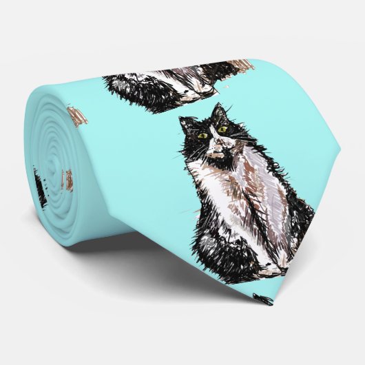 Black and White Tuxedo Cat Cats Cute Turquoise Stropdas (Opgerold)