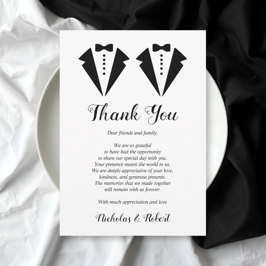 Black and white tuxedo two grooms gay wedding bedankkaart