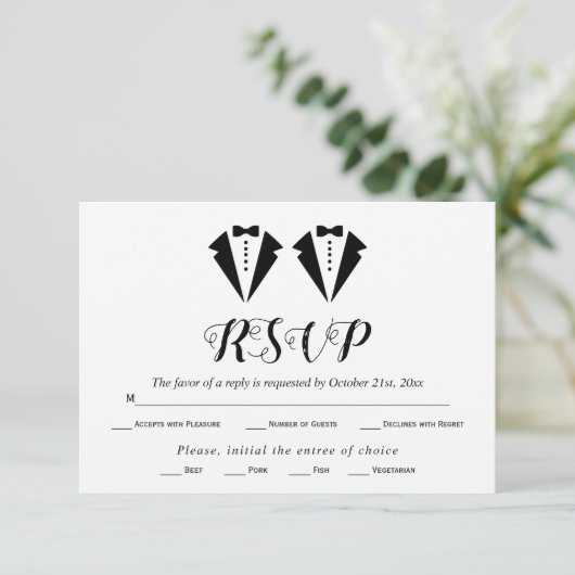 Black and white tuxedo two grooms gay wedding RSVP kaartje (Staand voorkant)