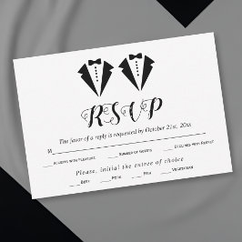 Black and white tuxedo two grooms gay wedding RSVP kaartje