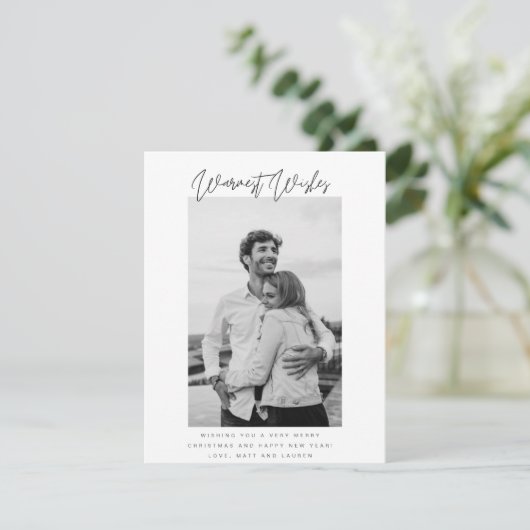 Black and White Warmest Wishes Foto Kerstmis Feestdagenkaart (Staand voorkant)