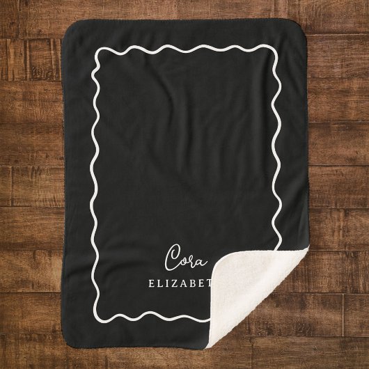 Black and White Wavy Border Monogrammed Sherpa Deken
