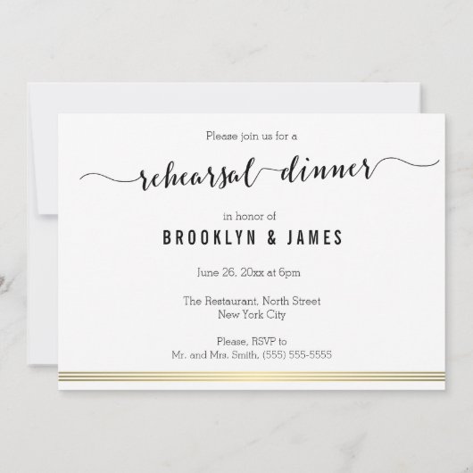 Black and White Wedding Rehearsal Invite Gold Line Kaart (Achterkant)