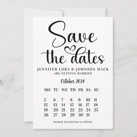 black and white wedding save the dates Calendar Save The Date (Voorkant)