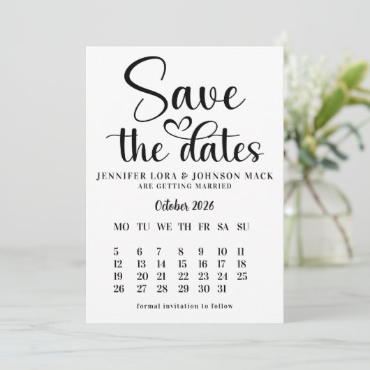 black and white wedding save the dates Calendar Save The Date (Staand voorkant)
