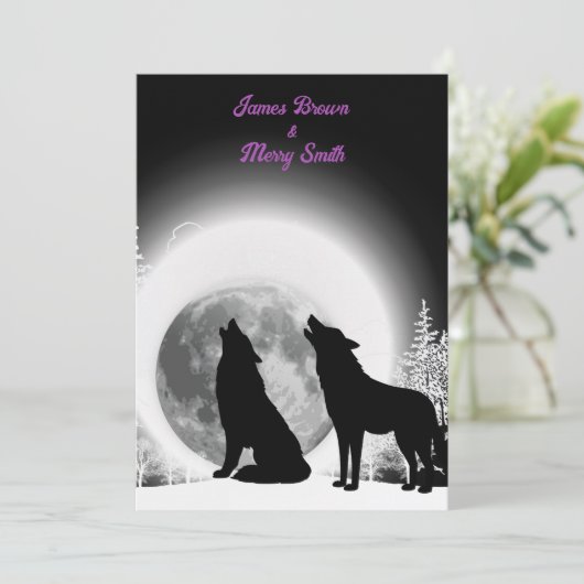 Black and White Wolves Howl Moon Wedding Kaart (Staand voorkant)