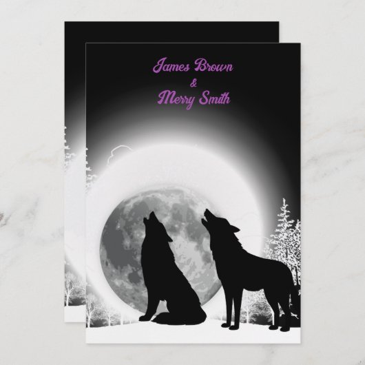 Black and White Wolves Howl Moon Wedding Kaart (Voorkant / Achterkant)