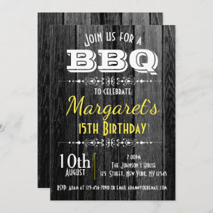 Black and White Wood BBQ Birthday Party Invite Kaart