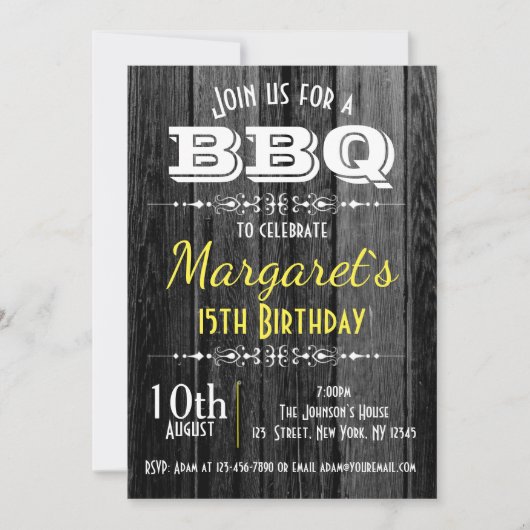 Black and White Wood BBQ Verjaardagsfeestje Uitnod Kaart (Voorkant)