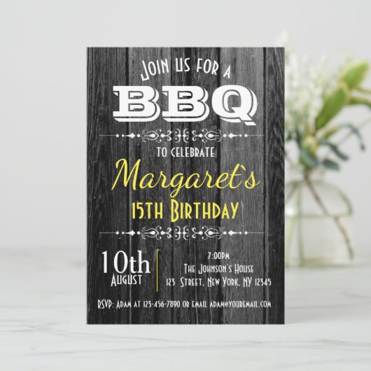 Black and White Wood BBQ Verjaardagsfeestje Uitnod Kaart (Staand voorkant)