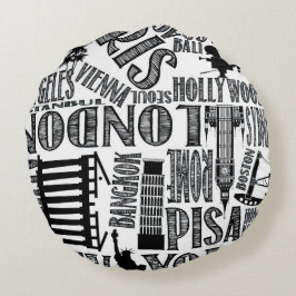 Black and White, World Cities Pillow Rond Kussen