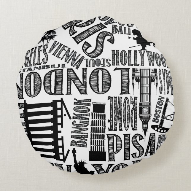 Black and White, World Cities Pillow Rond Kussen (Achterkant)