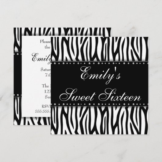 Black and White Zebra Diamonds Sweet 16 Birthday Kaart (Voorkant / Achterkant)