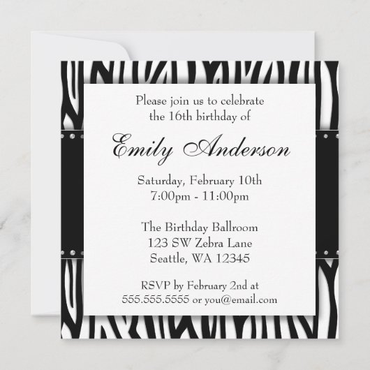 Black and White Zebra Diamonds Sweet 16 Birthday Kaart (Achterkant)