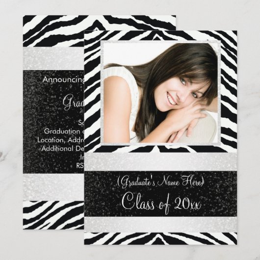 Black and White Zebra Graduation Party Kaart (Voorkant / Achterkant)