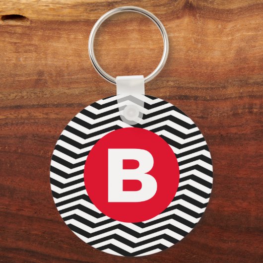 Black and White Zig Zag Pattern Red Monogram Sleutelhanger (Voorkant)