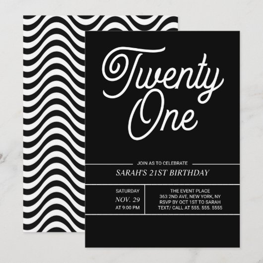Black and Withe Modern 21st Birthday Party Kaart (Voorkant / Achterkant)