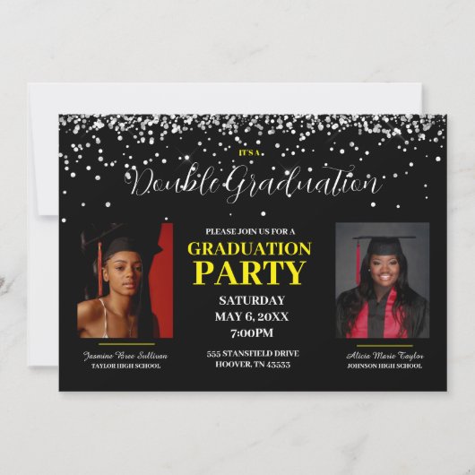 Black and Yellow Double Afstuderen Invitation Kaart (Voorkant)