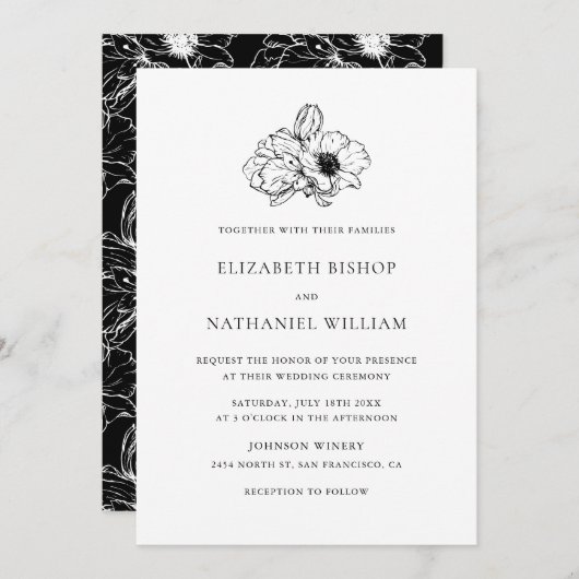 Black  Anemones Floral Wedding Invitation Kaart (Voorkant / Achterkant)