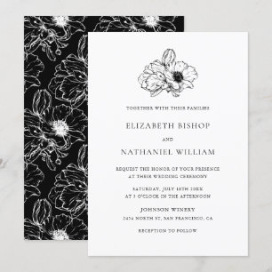 Black  Anemones Floral Wedding Invitation Kaart