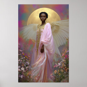 Black Angel Goddess Art Print: Roze Gouden Bloemen Poster