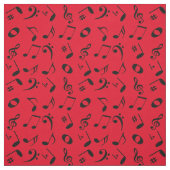 Black Angled Muzieknoten Pattern op Red Stof (Swatch)