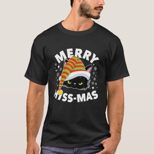 Black Angry Cat Merry Hiss Mas Cute Cats Funny Pun T-shirt (Voorkant)