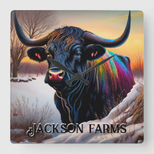 Black Angus Bull Winter Vierkante Klok