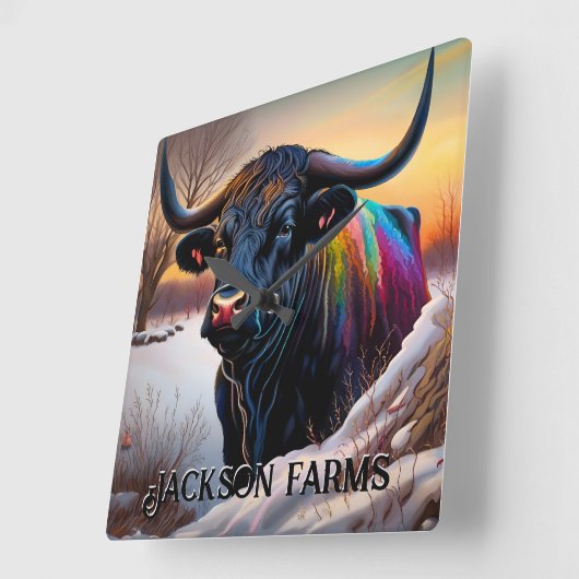 Black Angus Bull Winter Vierkante Klok (Hoek)