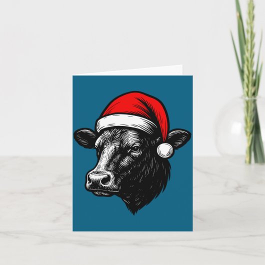Black Angus Rancher Christmas Cow Santa Hat Farmer Kaart (Voorkant)