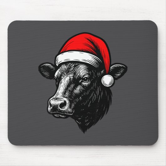 Black Angus Rancher Christmas Cow Santa Hat Farmer Muismat (Voorkant)
