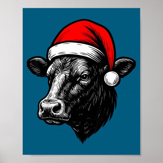 Black Angus Rancher Christmas Cow Santa Hat Farmer Poster (Voorkant)