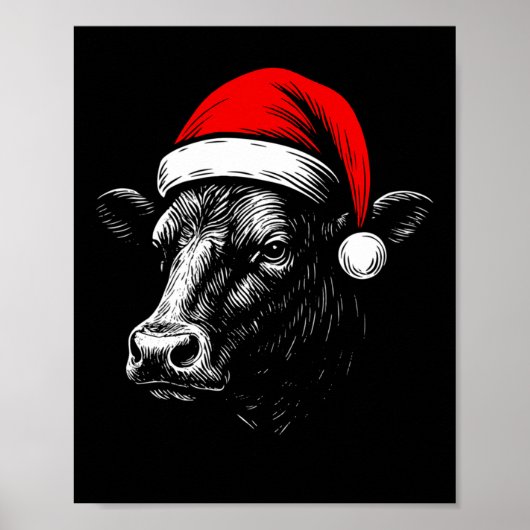 Black Angus Rancher Christmas Cow Santa Hat Farmer Poster (Voorkant)